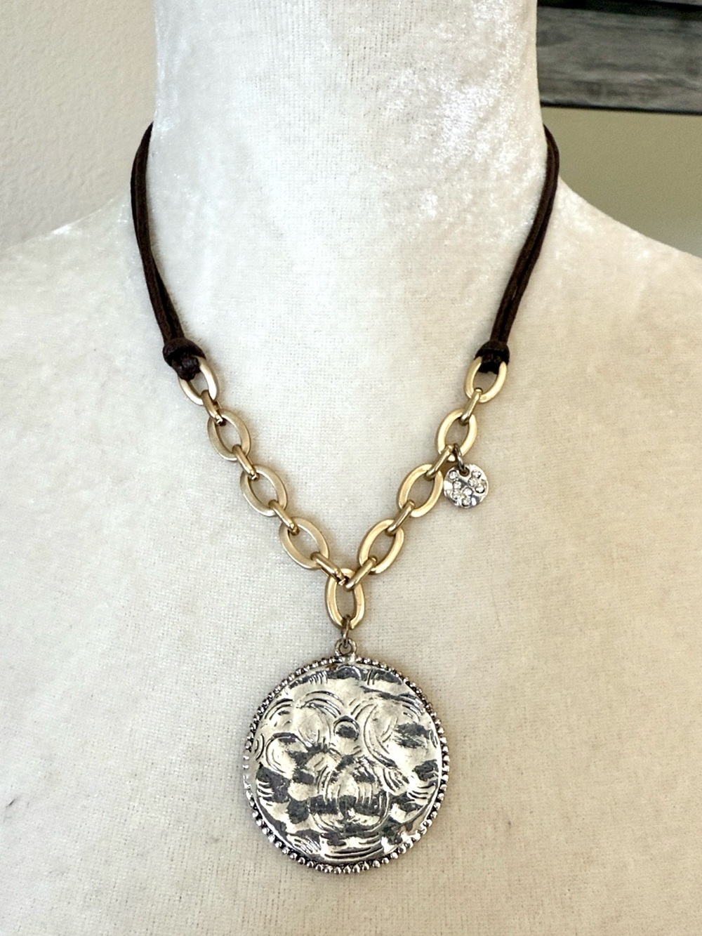 Chico's Mixed-Media Coin Medallion Pendant with Brown Leather Cord Necklace